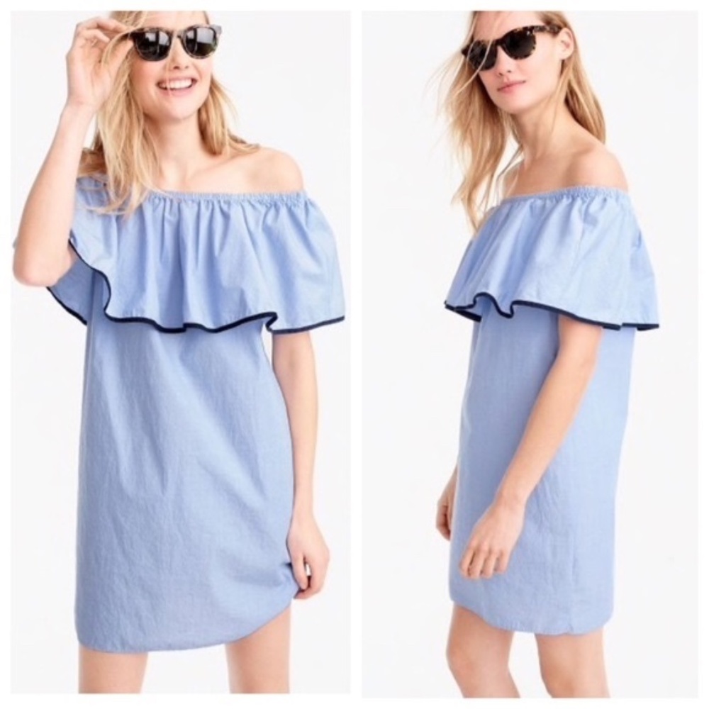 J Crew XS Women's off shoulder blue ruffle dress